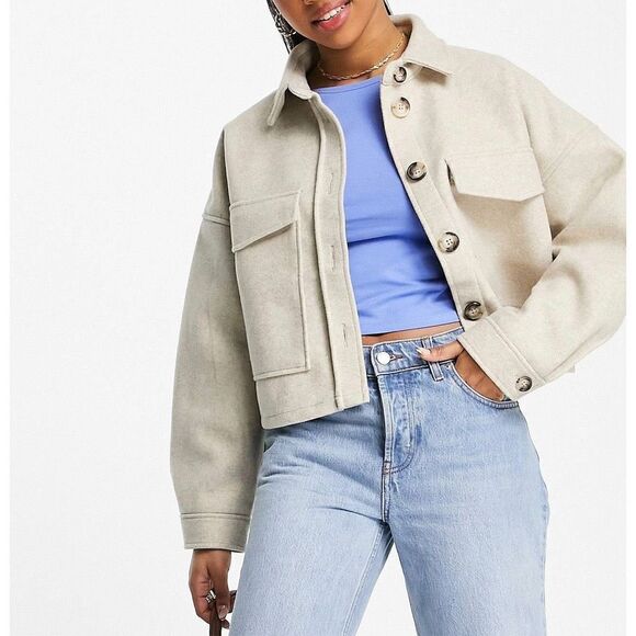 Stradivarius cropped brushed overshirt jacket beige Size L - Picture 1 of 16